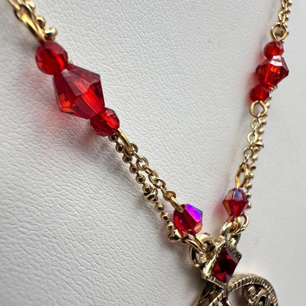 Vintage Y2K Cookie Lee Red Stone‎ Necklace Gold Tone Filigree Tassel Statement